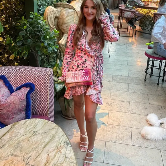 Rococo Sand Mimi Wrap Dress Print Pink Ruffle Long Puff Sleeve V-Neck Sz L - Picture 4 of 12